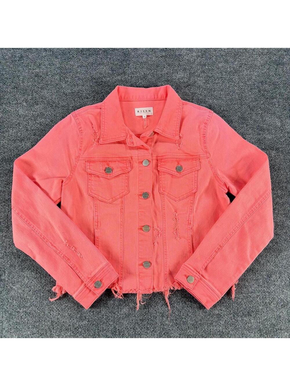 RISEN Coral‎ Pink Distressed Cropper Yeehaw Denim Jacket Medium - Embroidered